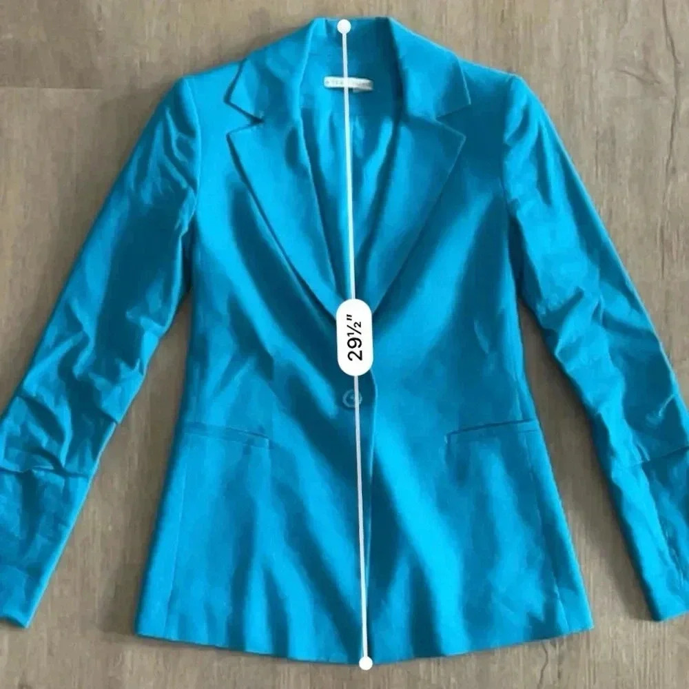 Alice + Olivia Pailey Fitted Notch Collar Blazer - Ocean Blue Linen - Size 0 - Picture 14 of 14